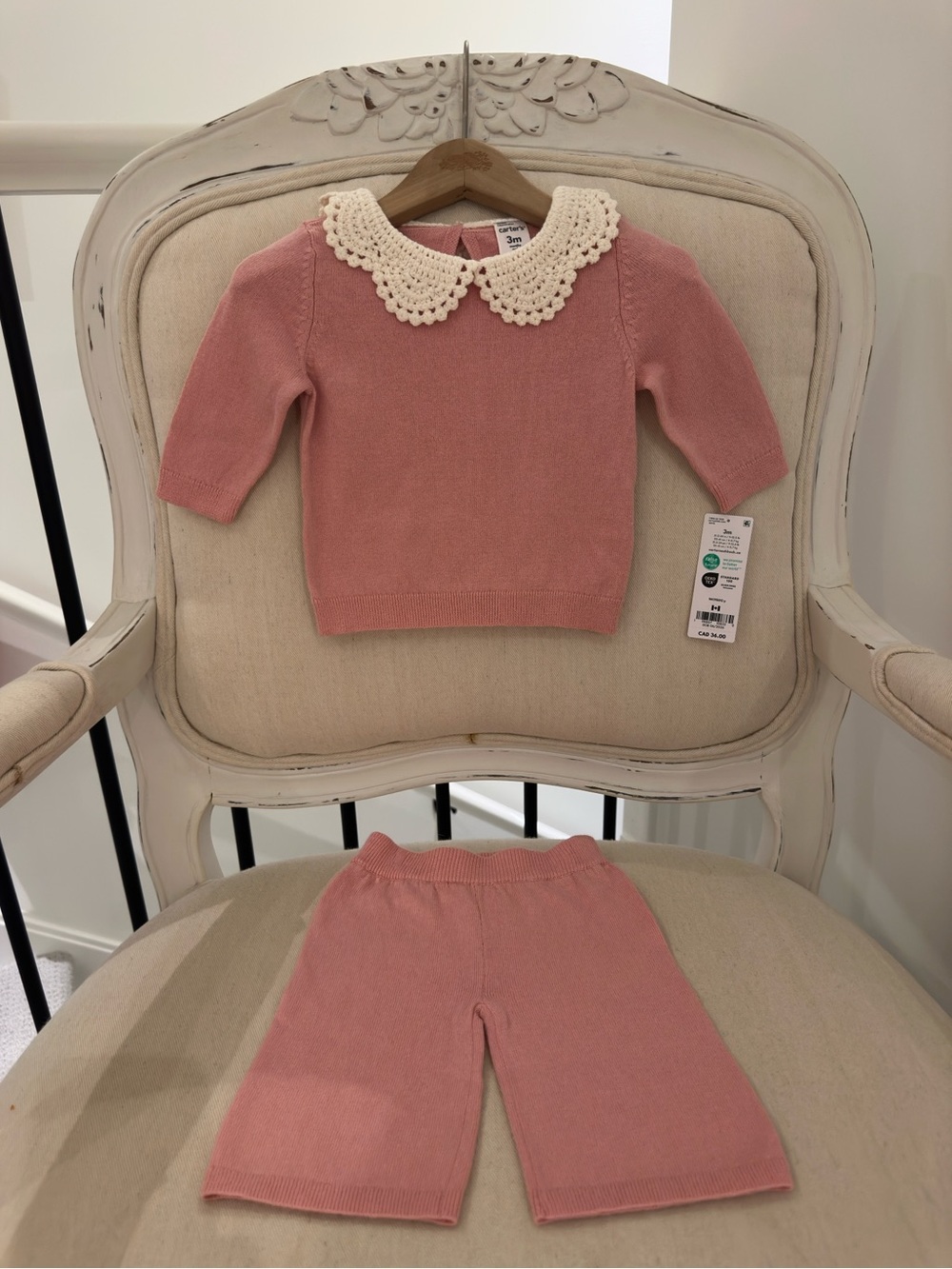 🦢 3 Mth Carter's Dusty Rose Knit 100% Cotton Top With Crochet Collar 2Pc Set NWT